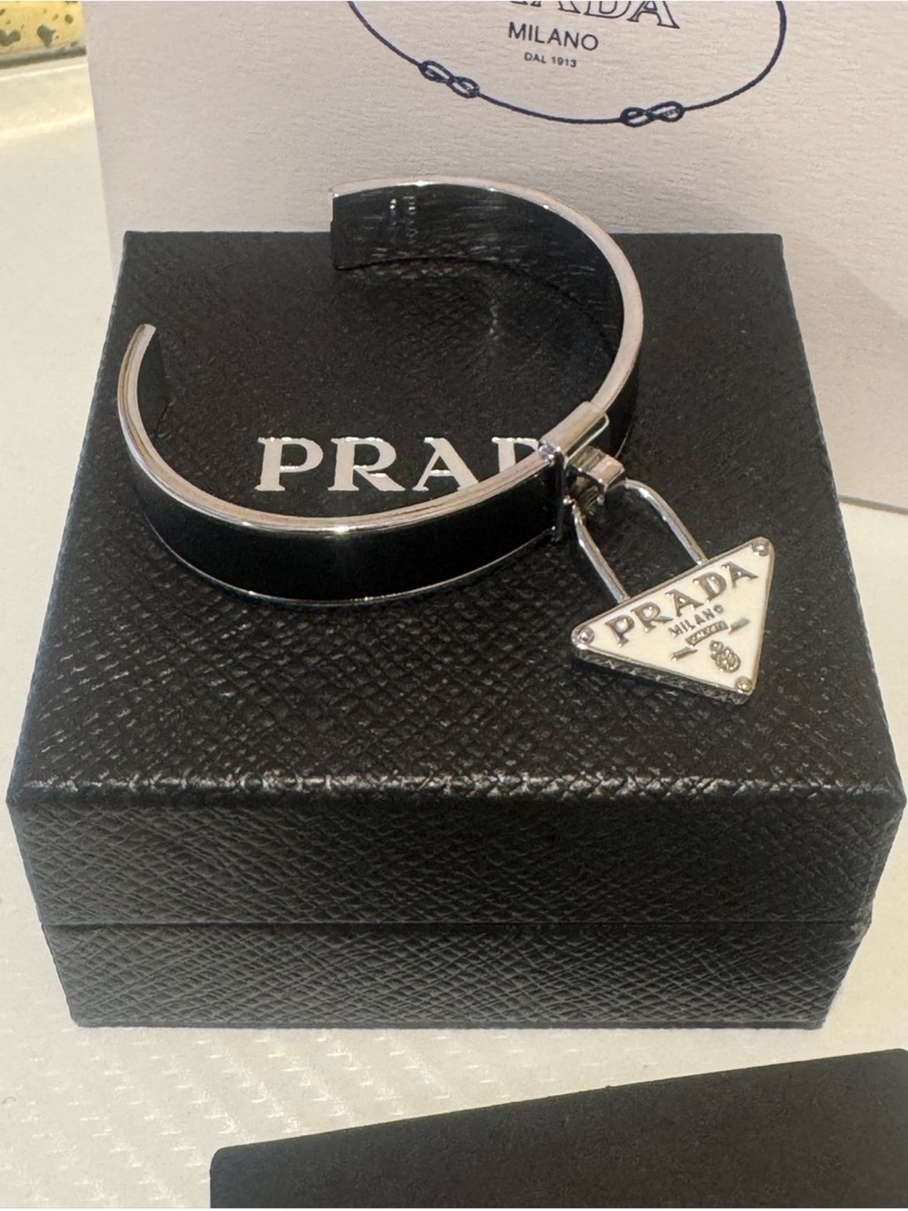 Prada Milano Black Saffiano Leather & Signature Triangle Logo Charm Metal Cuff